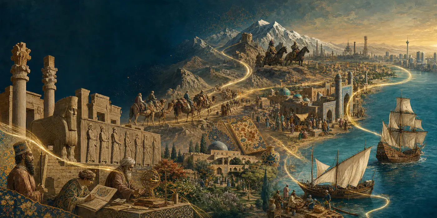 Original illustration connecting Iran with historical trade routes and neighbouring regions
